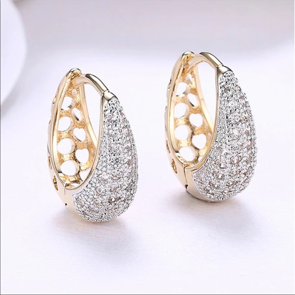 New Yellow Gold Plated Diamond Hoop Earrings - Picture 2 of 4